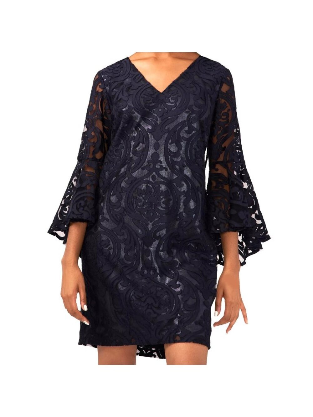 MSK Petite Lace Overlay Bell Sleeve Cocktail Party Dress Mini Navy Size 6P